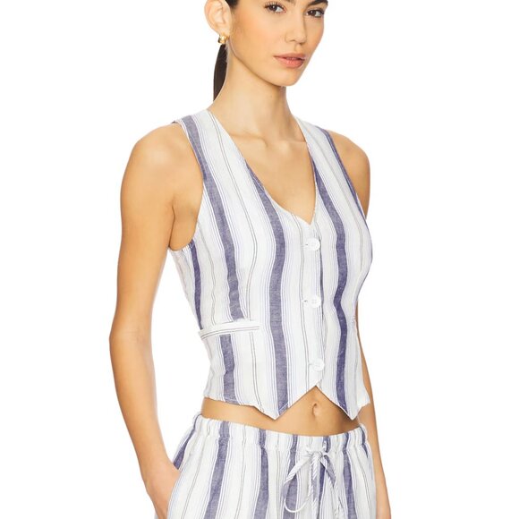 NEW Bella Dahl Cinch Back Vest in Coastal Ombre Stripe White Blue Tank Linen - Picture 2 of 4